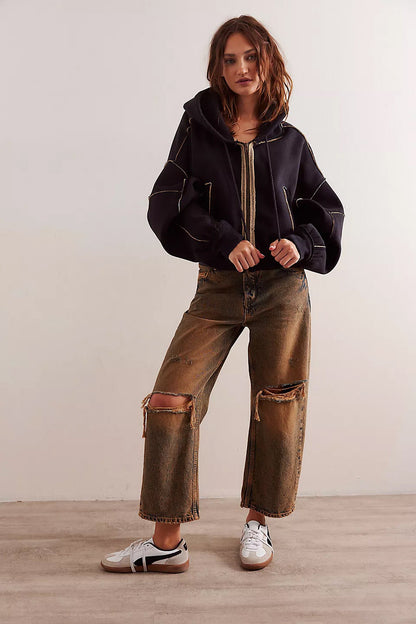 Street Loose Color Block Casual Hooded Hoodie