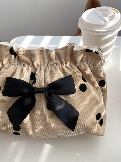 Corduroy Cherry Bow Cosmetic Bag