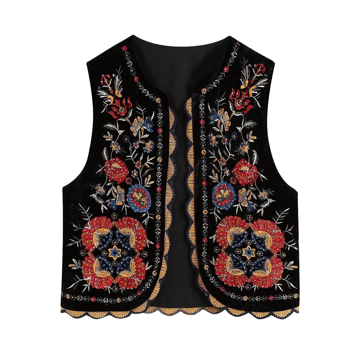 Vintage Flower Embroideries Open Front Vest