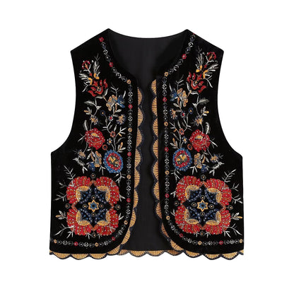Vintage Flower Embroideries Open Front Vest