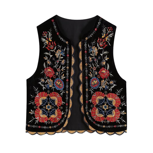 Vintage Flower Embroideries Open Front Vest