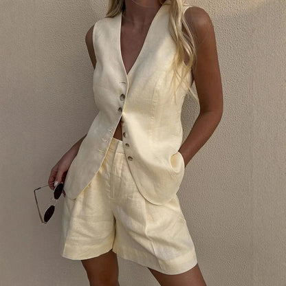 Solid Color Casual Vest and Shorts Sets