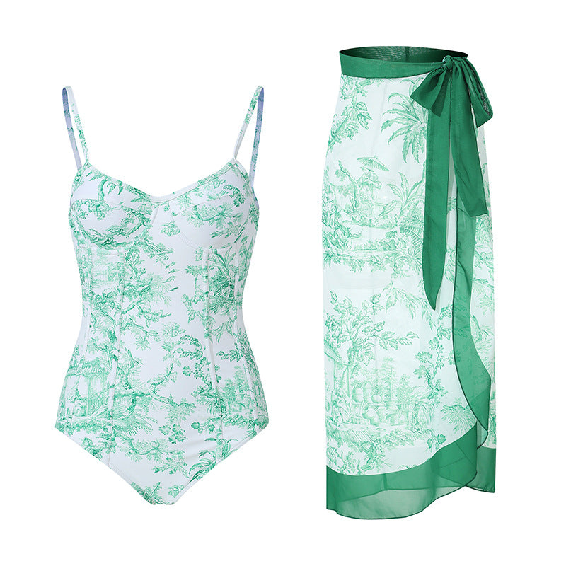 Vintage Print Slim Fit Swimwear with Cover Dress