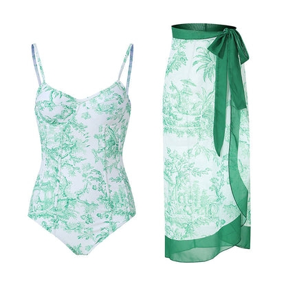 Vintage Print Slim Fit Swimwear with Cover Dress