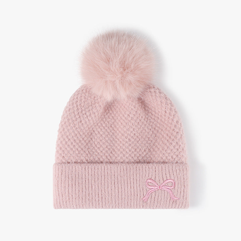 Cute Bow Embroidery Pom Pom Thicken Beanie
