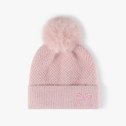 Cute Bow Embroidery Pom Pom Thicken Beanie