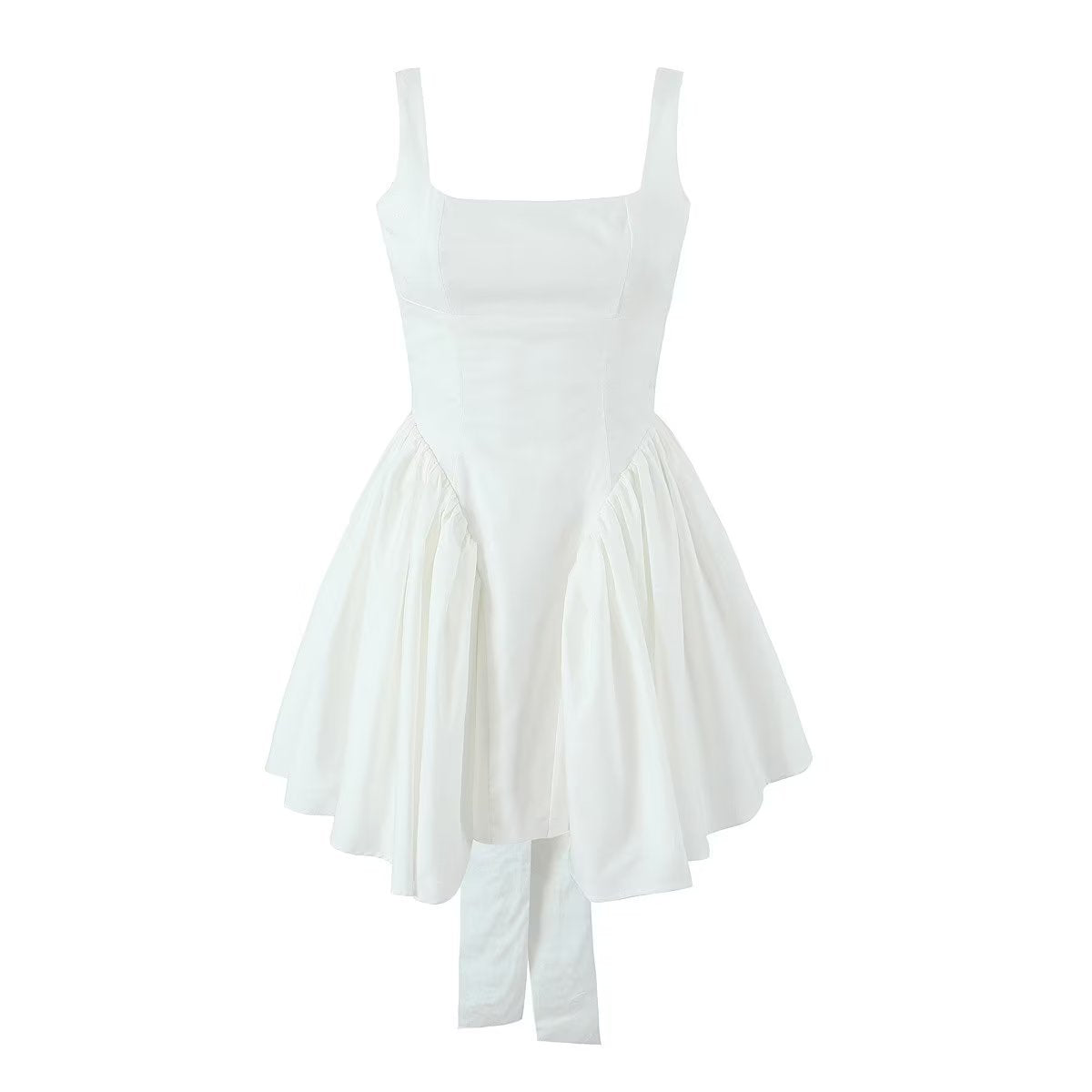 Solid Color Bow Tie Back Pleated Dress