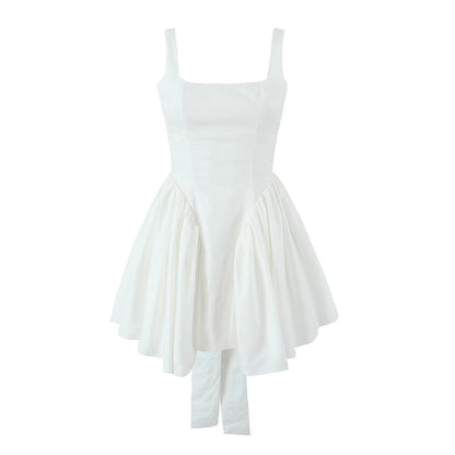 Solid Color Bow Tie Back Pleated Dress