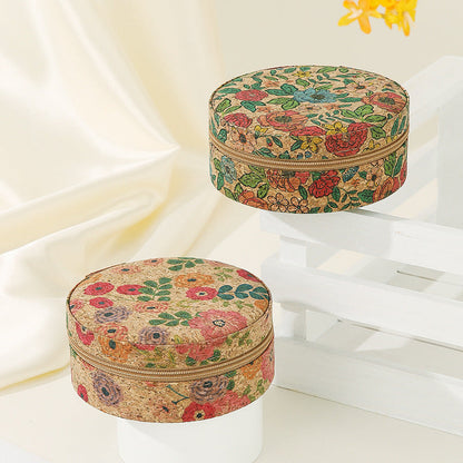 Vintage Flower Print Round Wooden Jewelry Case