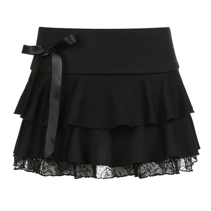 Lace Splicing A-Line Ruffle Mini Skirt