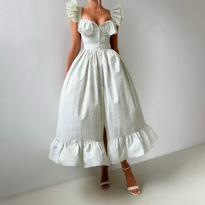 Trendy Square Neck Striped Ruffle Midi Dress