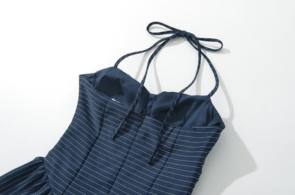 Simple Striped Halter Tie Back Mini Dresses