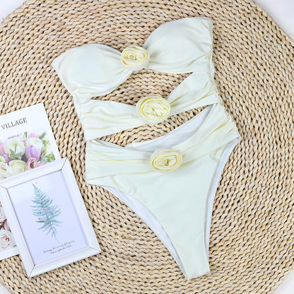 Solid Color Strapless Hollow Out Flower Sexy Swimwear
