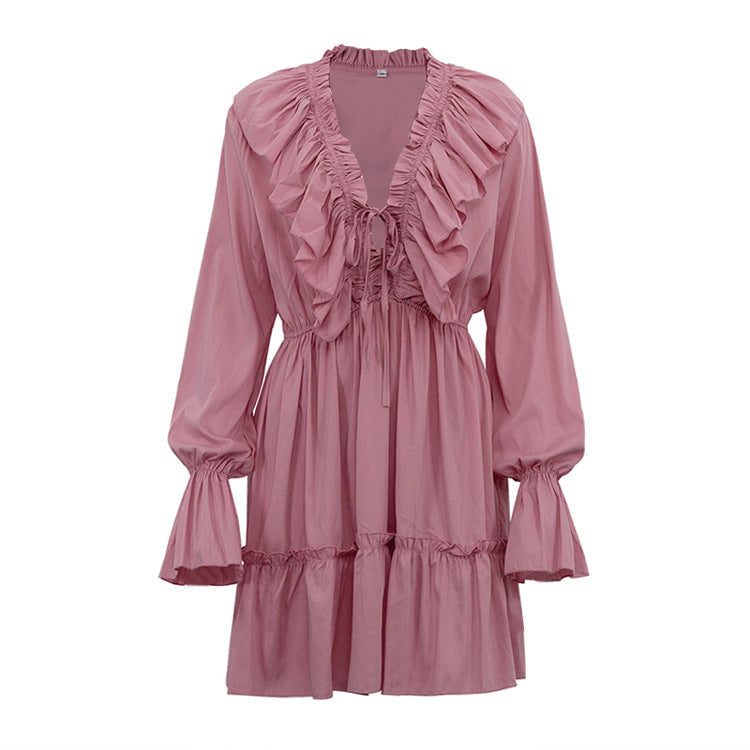 V-Neck Flounce Solid Color Mini Dress