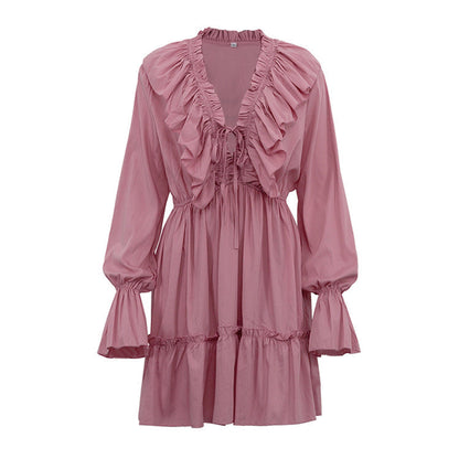 V-Neck Flounce Solid Color Mini Dress