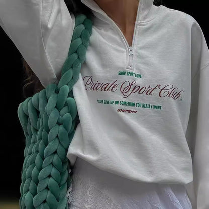 Zipper Letter Print Loose Hoodie