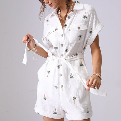 Tree Embroidered String Pockets Lapel Romper