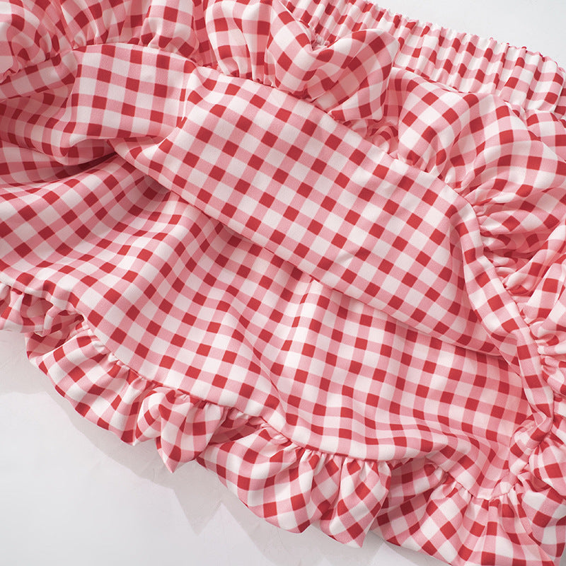 Cute Bow Top Plaid Puffy MIni Skirt Set