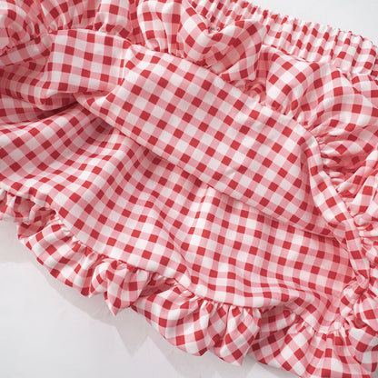 Cute Bow Top Plaid Puffy MIni Skirt Set