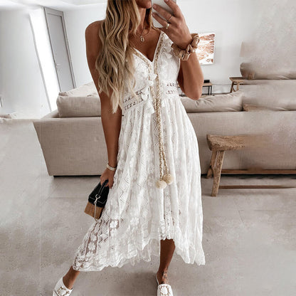 V-Neck Lace Irregular Long Dress