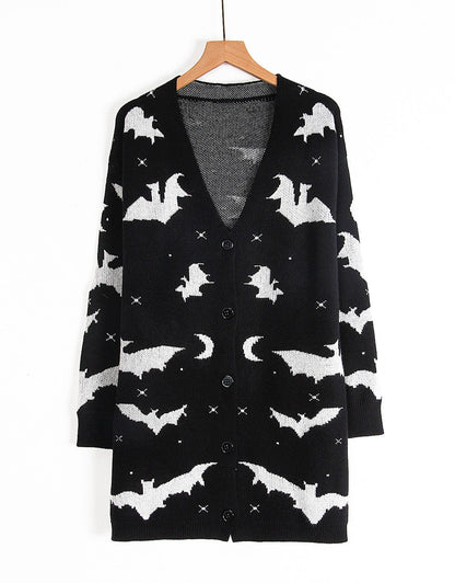 Halloween Bat Jacquard Long Knit Cardigan