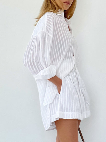 Striped Lantern Sleeves Shirt Short Set