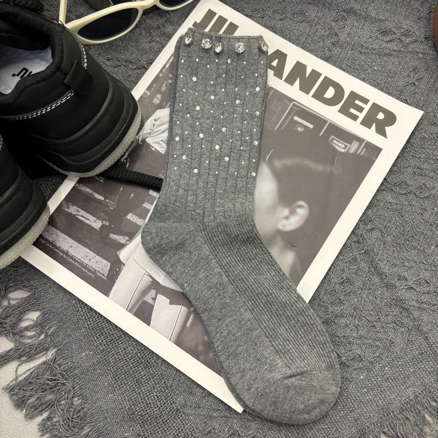 Rhinestone Ribbed Sweet Cotton Socks