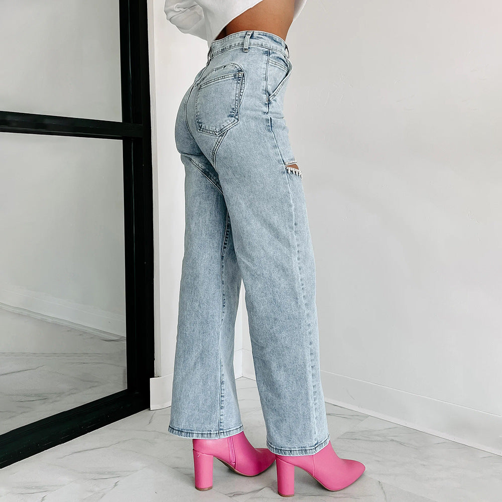 Trendy Ripped Rhinestone Stud Staight Leg Jeans