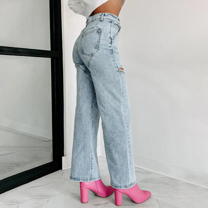 Trendy Ripped Rhinestone Stud Staight Leg Jeans