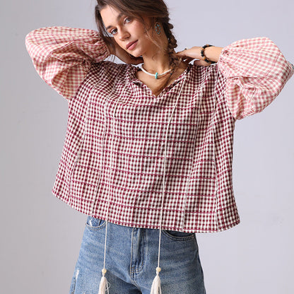 Floral Embroidered Plaid String Top
