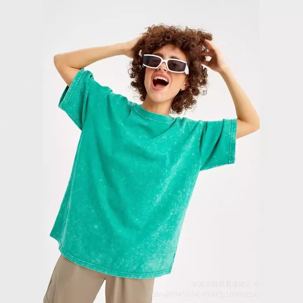 Washed Distressed Loose Short Sleeves Top