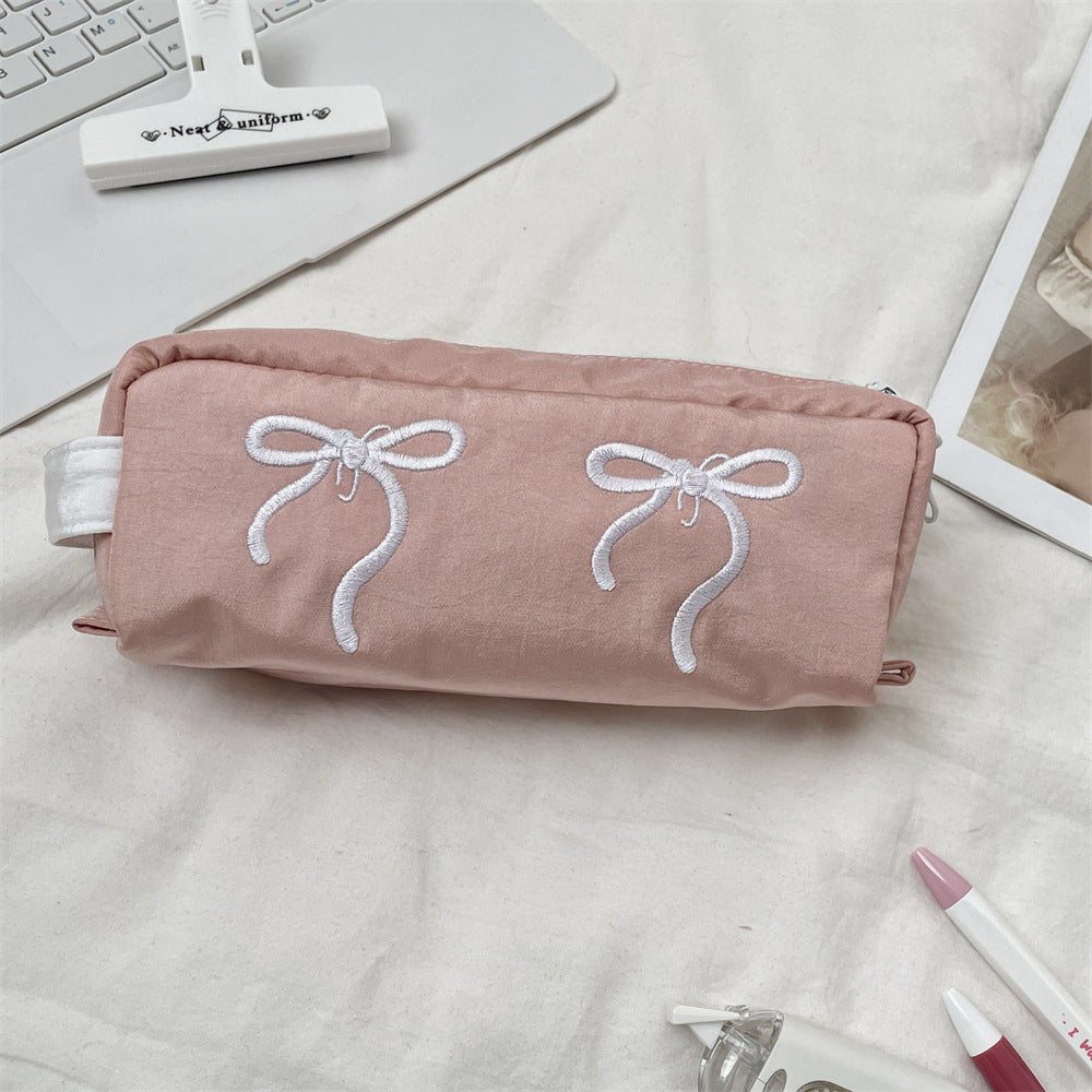Bow Embroidered Large Capacity Pencil Pouch