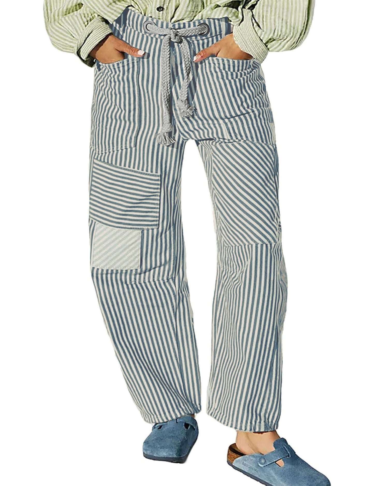 Casual Splice Striped Drawstring Wide Leg Pants