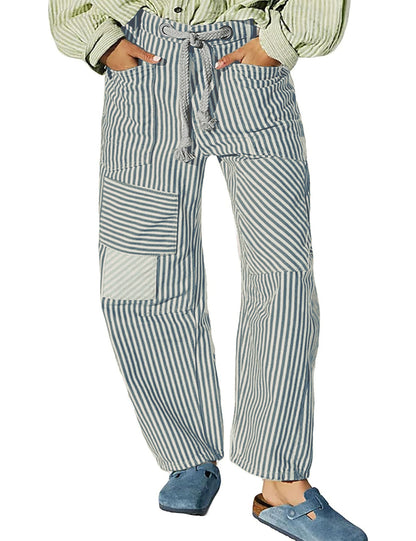 Casual Splice Striped Drawstring Wide Leg Pants