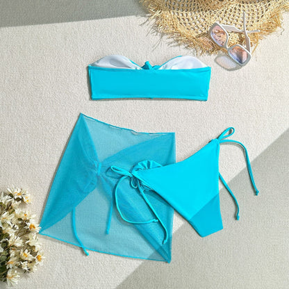 3-Piece Sexy 3D Floral Bandeau Bikini Set