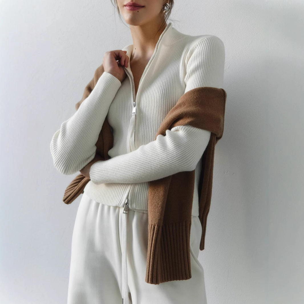 Sexy Stand-Up Collar Ribbed Long Sleeve Top