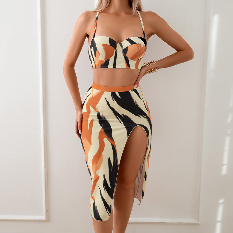 3PCS Print Strap Side Split Dress Cover Swimwear