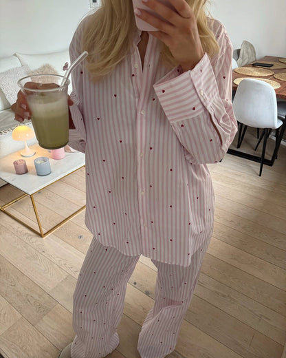 2 Pcs Casual Striped Button Down Pajamas Set