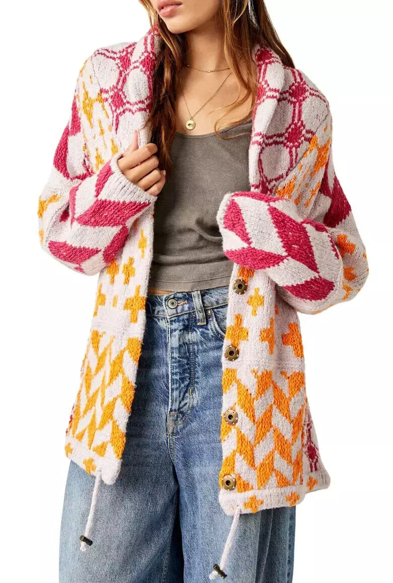 Vintage Floral Print Lapel Collar Loose Cardigan