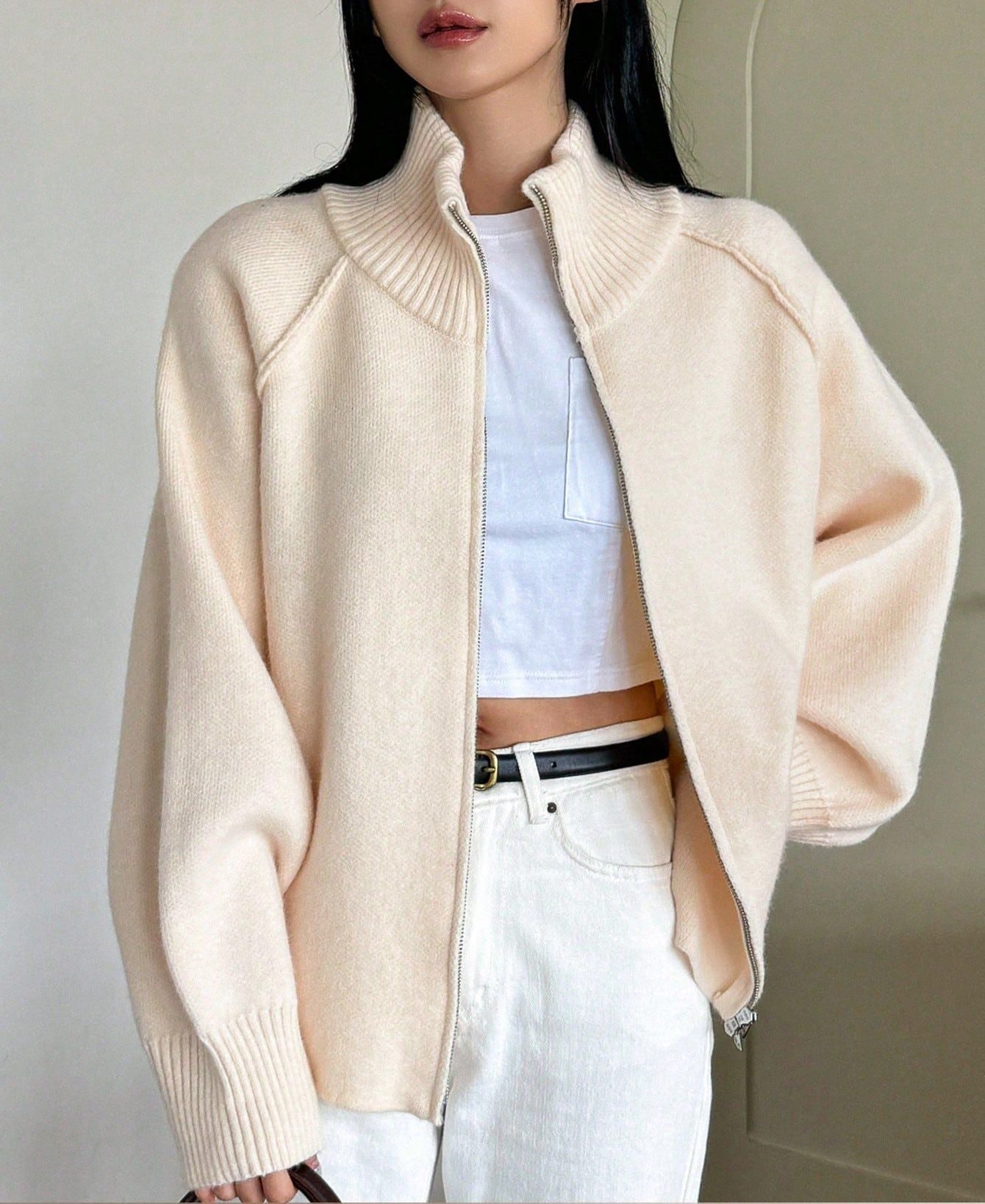 Solid Color High Neck Zip-Up Knit Cardigan
