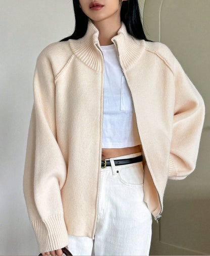 Solid Color High Neck Zip-Up Knit Cardigan