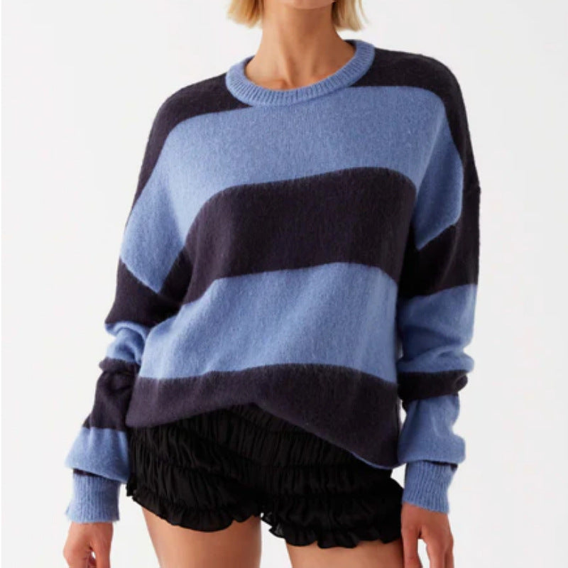 Round Neck Color Block Striped Cozy Sweater