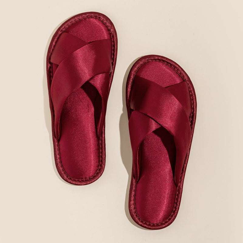 Solid Color Crossed Satin Slide Slippers