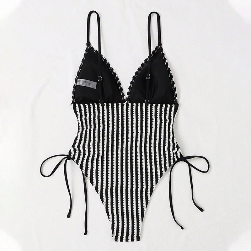 Striped V-Neck Drawstring Sexy One Piece Swimwear