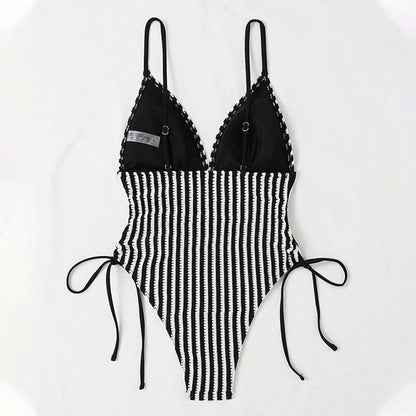 Striped V-Neck Drawstring Sexy One Piece Swimwear