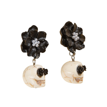 Gothic Black Camellia Skull Stud Earrings