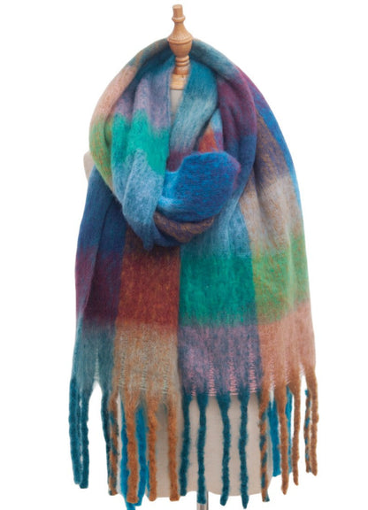 Contrast Color Plaid Tassel Scarves