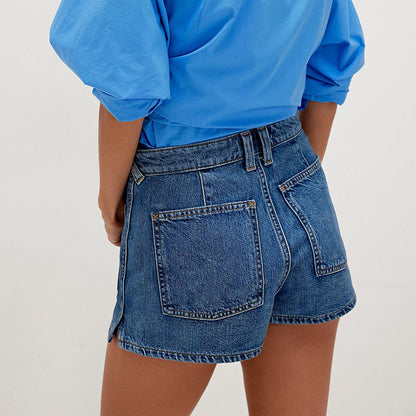 Denim Pocket Casual Mid-Waist Washed Shorts