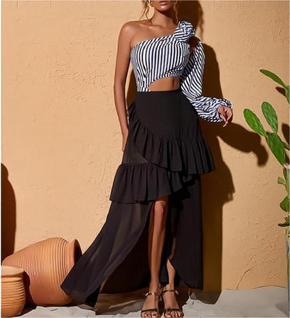 Striped Flower Swimwear With Reffle Cover