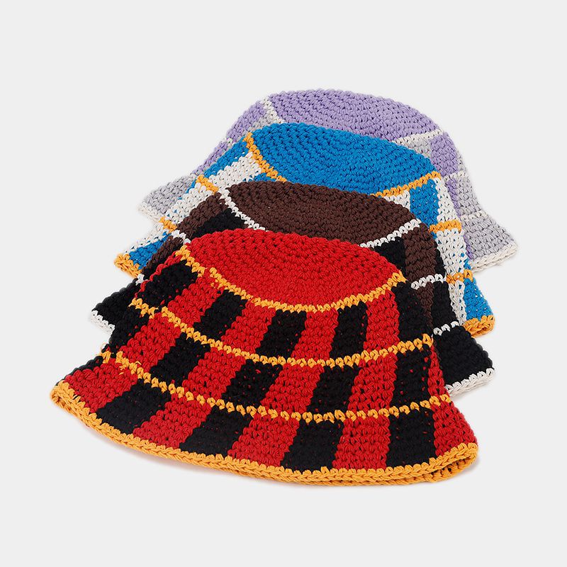 Contrast Color Plaid Casual Crochet Bucket Hat